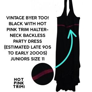 *VINTAGE* (EARLY 2000s) BLACK W/ HOT PINK TRIM HALTER BACK PARTY DRESS SIZE JR11